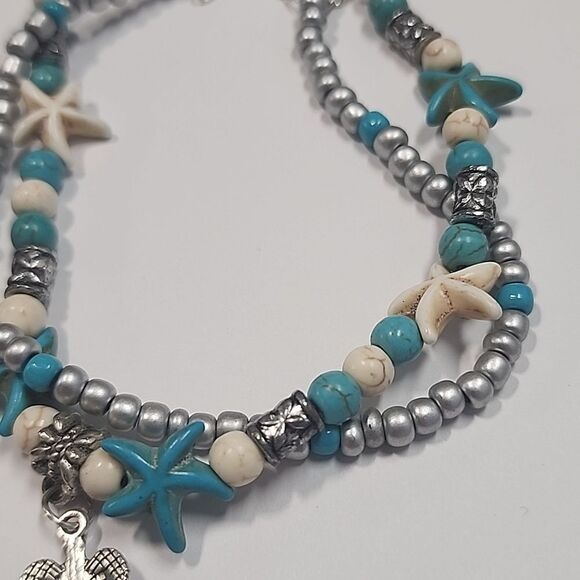 Sea Turtle Starfish beaded Anklet , Turquoise Color Beaded Starfish - Picture 4 of 5